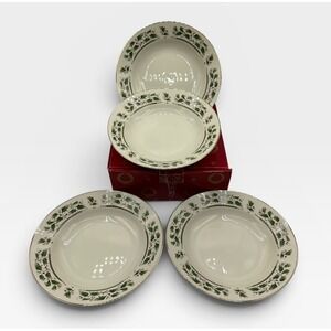 Royal Limited Holly Holiday Soup Bowls Set of 4 Ivory Green Red Gold Trim 8.25in